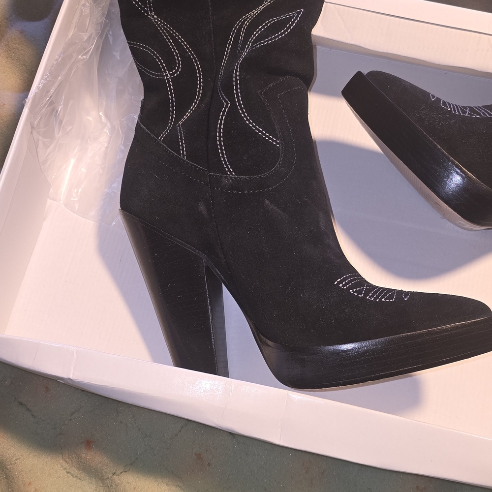SCHUTZ Black Suede Heeled Boots with Stitch Detail